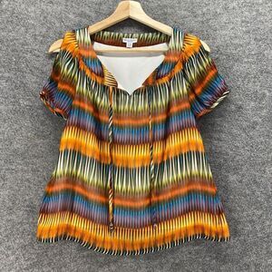 Rebecca Malone Blouse Women PS Petite Orange Striped Tasseled Cold Shoulder